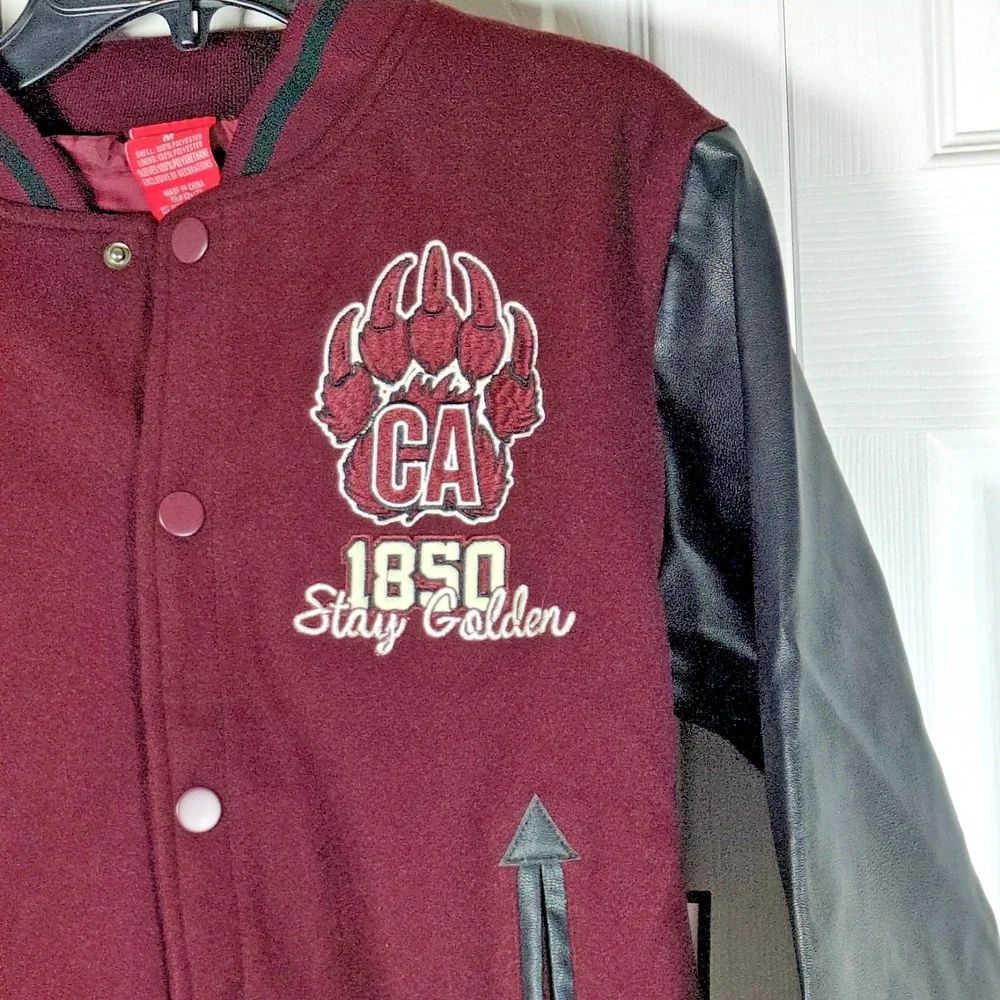 Ring of Fire Boys Varsity Jacket Med Burgundy Black Faux Leather Sleeve CA Bear